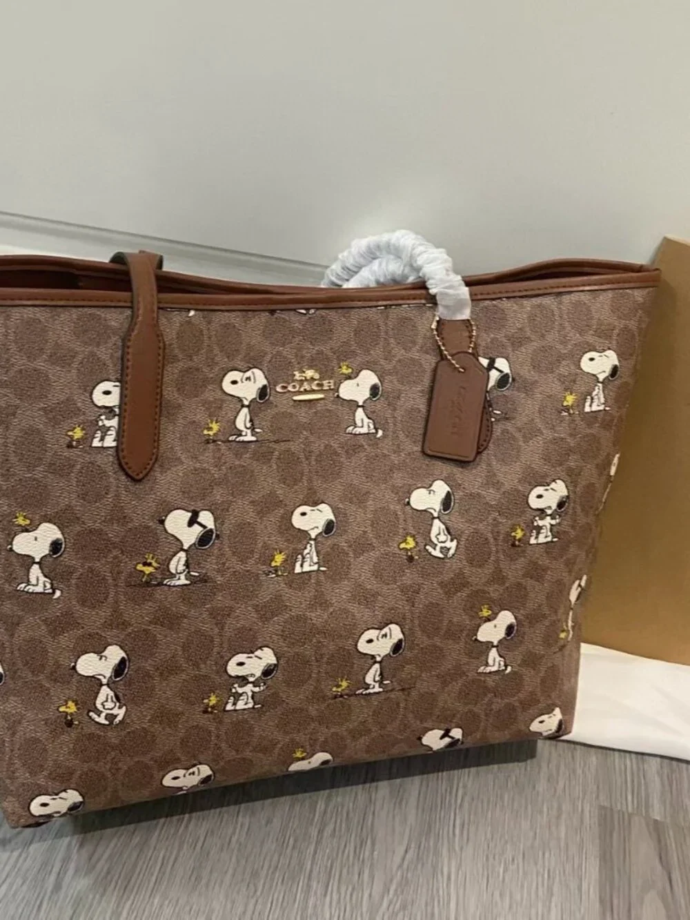 Coach Brown Signature Monogram Snoopy Print Large Shoulder Tote